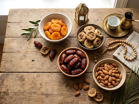 Ramadan table setting with dried fruits nuts and coffee pot.