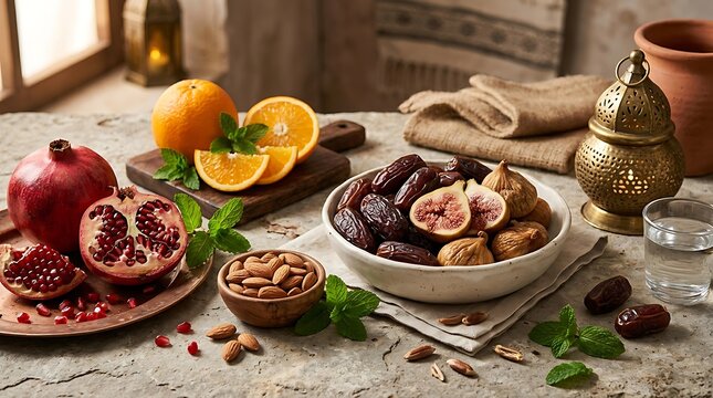 Still life of pomegranate, orange, figs, dates and almonds.
