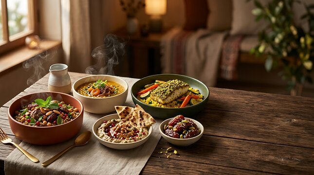 Delicious ramadan iftar meal with dates, couscous and soup.