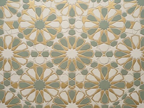 Detailed islamic geometric pattern tiles in green white and gold.