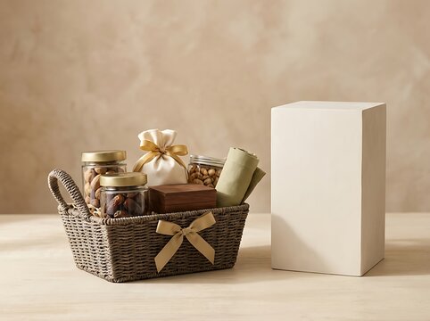Ramadan gift basket filled with assorted nuts and sweets.