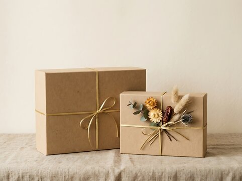 Two kraft paper boxes wrapped with golden twine and dried floral accents.
