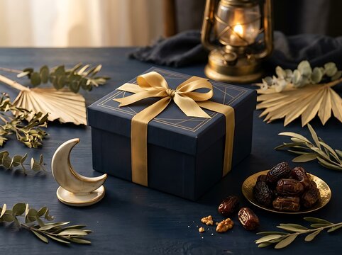 Luxury dark blue Ramadan gift box with dates and moon ornament.