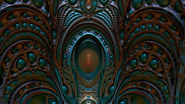 Bronze and teal ornamental organic forms with oval openings