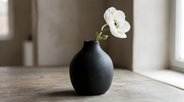 Serene white flower in a minimalist matte black ceramic vase by window