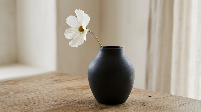Minimalist White Flower in Black Ceramic Vase on Wooden Table
