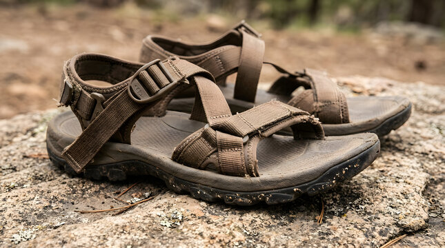 Brown hiking sandals resting on a rock during an outdoor adventure