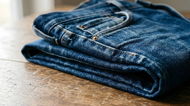 Folded pair of classic blue denim jeans on a rustic wooden table surface
