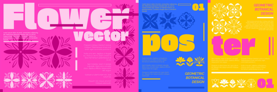 Floral poster. Flower vibrant geometry. Botanical typography. Plant Y2K, blossom design. Graphic shape star, cover ornament. Bright background with decorative petals, abstract vector garish banner