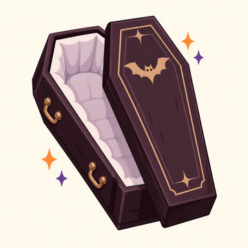Open Gothic Coffin with Golden Bat Decoration