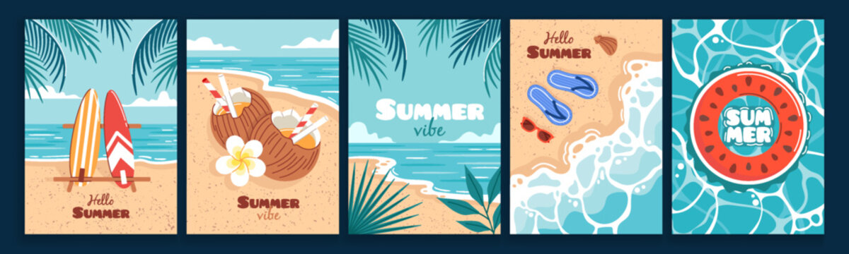 Summer poster. Beach landscape. Card of sea, marine label. Background with coconut. Sun postage, vacation sticker. Adventure surfing. Tropical travel collection, palm leaves, ocean waves. Vector vibe