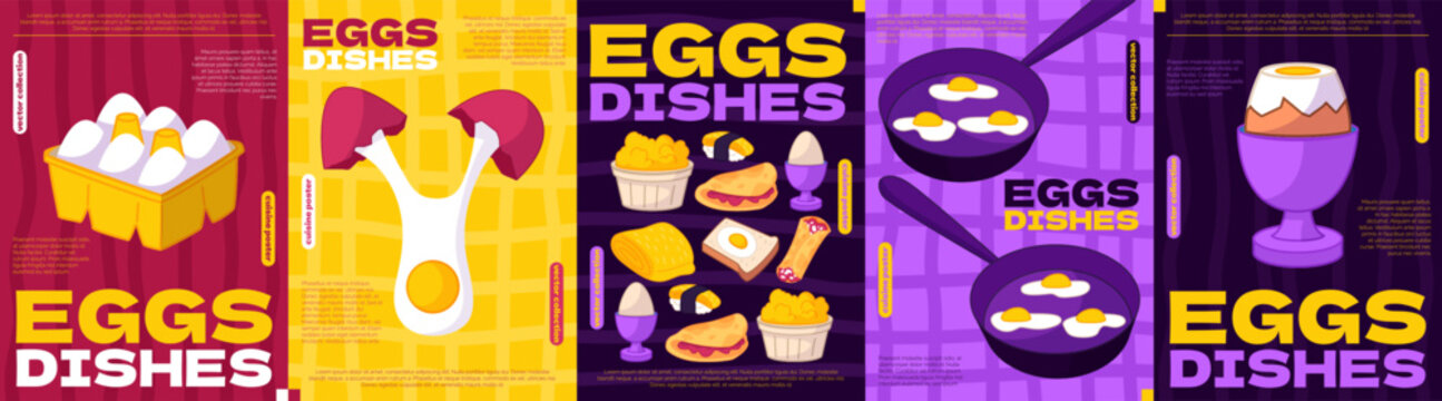 Cooking eggs poster. Breakfast in kitchen. Fried or boiled in pan. Healthy plate, omelet dish. Flatbread, sandwich meal. Colorful culinary flyers with egg, morning recipes. Vector garish illustration