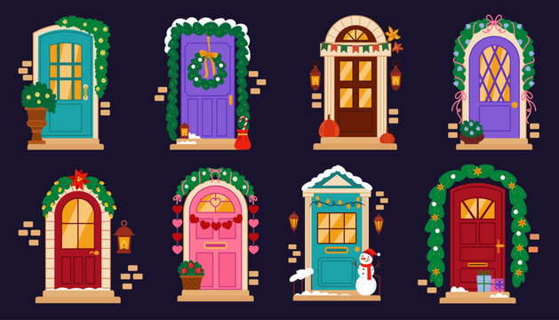 Xmas door. Christmas decoration. Cozy home. Celebration building. Holiday house with ball. Winter entrance with wreath, branches tree. Garlands lanterns, snow ornaments. Vector tidy festival elements