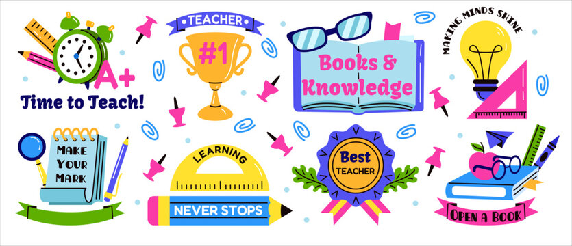 Teachers day sticker. School education doodle. Cute notebook, apple. Pencil with stationery. Award for lecturer. Best medal, gift for holiday. Decorative badges, motivational quotes. Vector tidy set