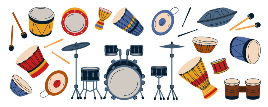 Percussion instrument. Wooden djembe, African bongo. Asian gong with drum kit. Cymbal for rhythm, beat. Tribal music. Sound element. Traditional musical equipment. Vector tidy cartoon isolated set
