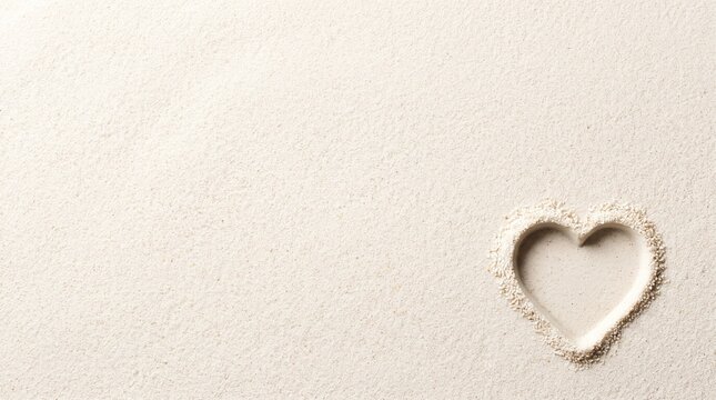 Fine White Sand Texture Background with Small Heart Impression and Romantic Beach Copy Space