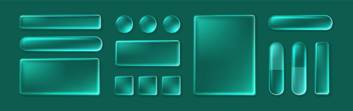 Glass UI element. Realistic transparent button. Square, oval, circle interface. Glossy morphism panel, frame digital app design. Translucent controls with rounded luminous border. Vector modern widget