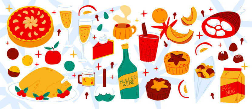 Thanksgiving dinner. Autumn food, pumpkin pie, roast turkey. Festive seasonal harvest. Cozy holiday treats. Celebration warm element. Traditional mulled wine, sweet pastry. Vector garish illustration