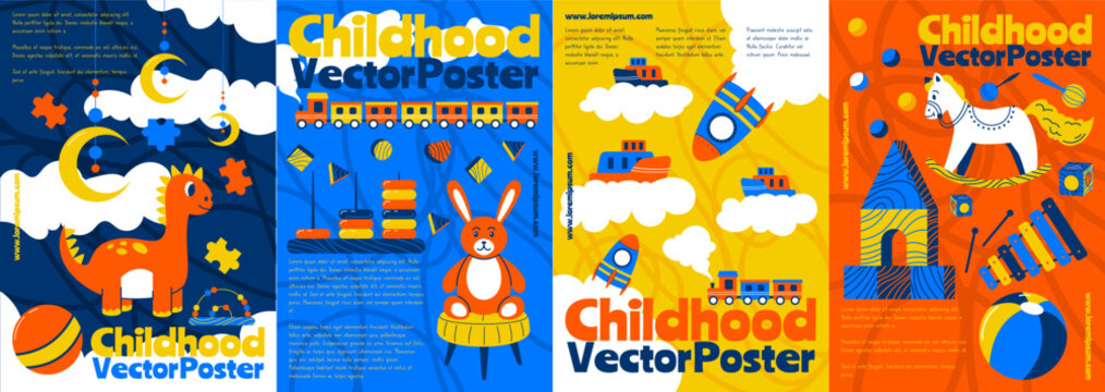 Childrens toys poster. Gift for child. Happy card for kindergarten. Playful bright pattern. Postcard with train, rocket, horse. Puzzle pieces and nursery decorations. Vector kids garish background