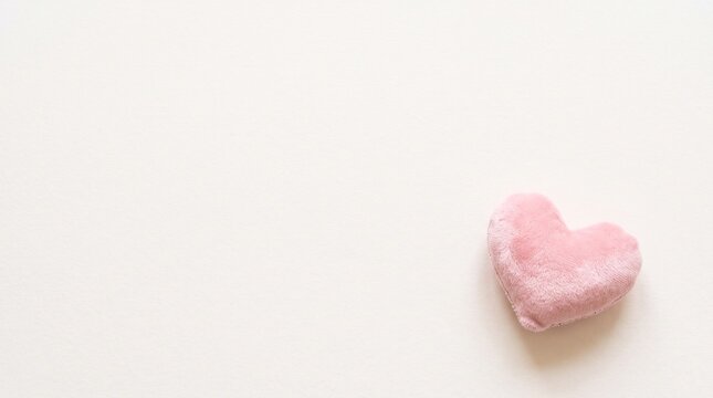 Cute Pink Plush Heart on White Background with Large Romantic Copy Space