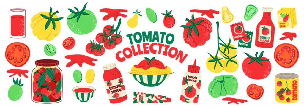 Tomato variety. Red, yellow vegetable on branch. Sliced ripe cherry. Ketchup with sauce, pasta. Fresh organic harvest. Food product. Juice, canned preserves and condiments. Vector garish illustration