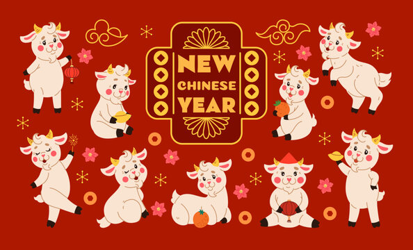 Happy goat cartoon. Chinese New Year 2027. Cute red lantern with floral firework. White character, round Asian frame. Gold luxury. Festive zodiac animals with lucky coins. Vector tidy celebration