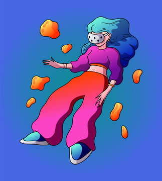 Metaverse gaming concept with woman wearing virtual reality headset and floating in space. Immersive VR experience, virtual world, digital entertainment and futuristic technology vector illustration