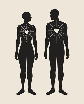 Human connection and emotional relationship concept. Black silhouettes of man and woman, heart symbols. Love sign, affection, empathy, emotional bonding. Minimal flat vector isolated illustration