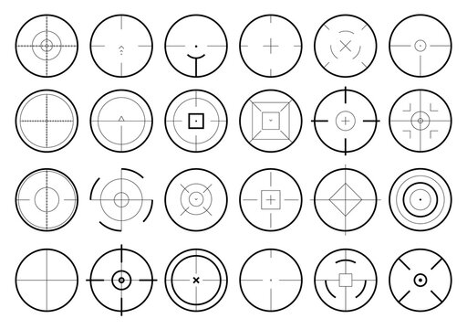 Target aim icon collection. Set of black circular crosshair, various geometric lines, rings, dots and aiming markers. Precision targeting, focus. Minimal outline vector icon set on white background