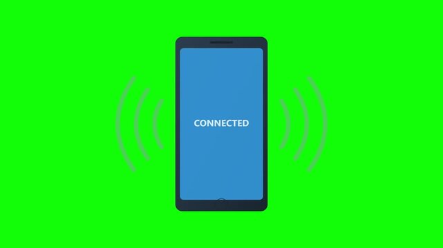 Smartphone affichant un &eacute;tat de connexion r&eacute;seau avec des ondes sur fond vert.