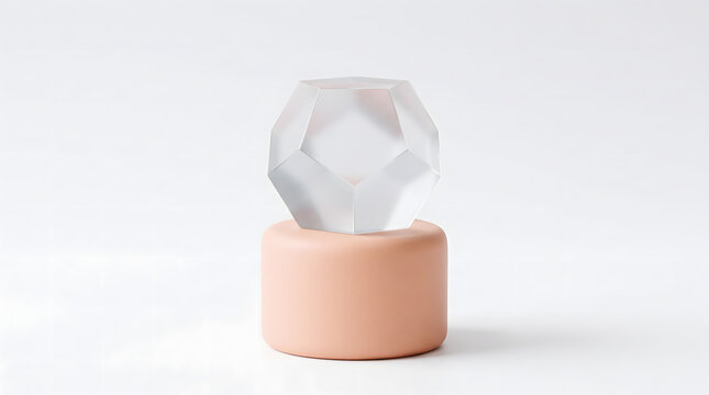 Minimalist 3D geometric still life of a frosted glass dodecahedron balancing on a clay cylinder