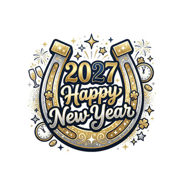 2027 happy new year lucky horseshoe sticker with glitter and festive elements on dark background.