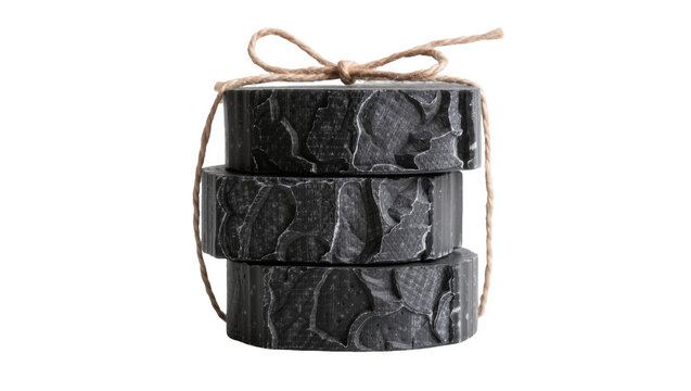 Stacked round black charcoal soap bars tied with rustic twine string
