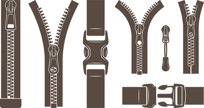 Brown zipper and buckle clasp vector icon set with open and closed zippers