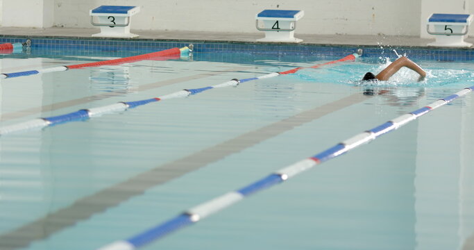 Swimming in lane, athlete practicing freestyle stroke in indoor pool, copy space