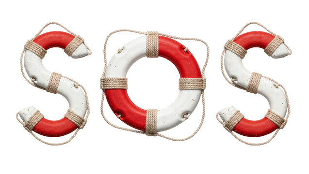Red and white lifebuoy rings shaped as the letters S O S with rope details