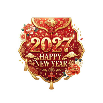 2027 happy new year traditional chinese style red sticker with flowers and fireworks on dark background.