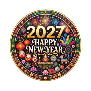 Circular festive design for 2027 Happy New Year with diverse cultural symbols and fireworks.
