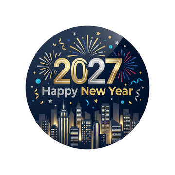 Circular sticker featuring a golden cityscape and fireworks for Happy New Year 2027.