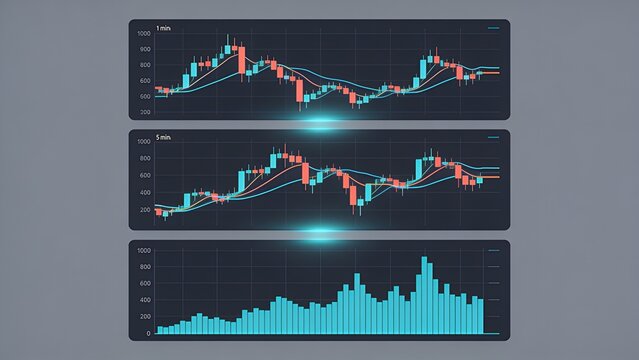 Displaying stacked charts on gray UI showing 1 min, 5 min candlesticks with moving averages, volume