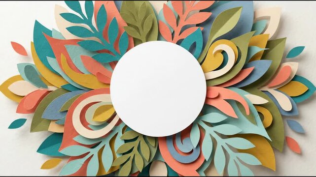 A layered paper decoration with cutout leaves and curling shapes surrounds a plain white circle, displayed on a light wall