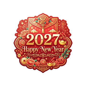 Red and gold Chinese New Year celebration sticker with fireworks and money envelopes for 2027 greeting.