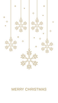 Minimalist white christmas greeting card template with hanging gold line art snowflakes garland and text space