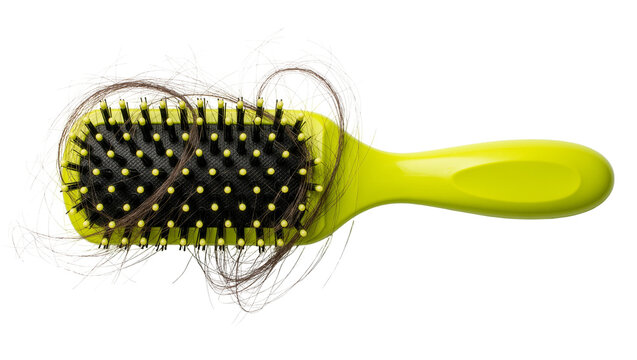 Lime green hair brush with tangled brown hair strands stuck in black bristles