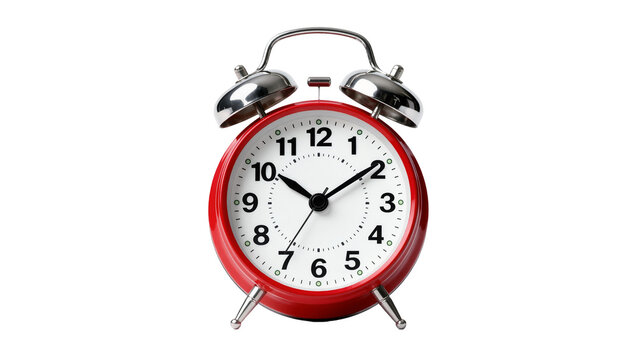 Classic red twin bell alarm clock with black hands and numbers