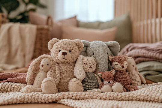 A cozy sunlit nursery scene featuring a group of adorable plush toys including a large teddy bear bunnies an elephant and small foxes sitting together on a soft knitted cream blanket