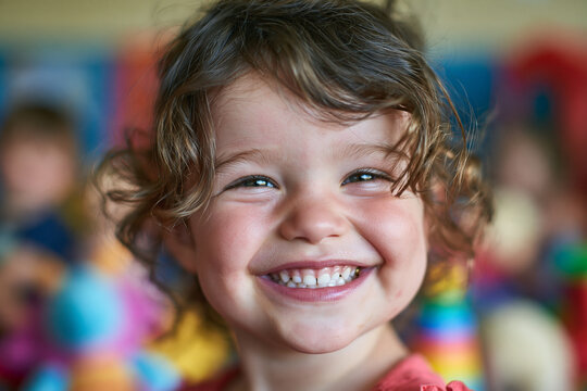 A close up joyful portrait of a young child with curly hair beaming with a wide infectious smile captured in a brightly colored blurred environment full of toys and playful energy