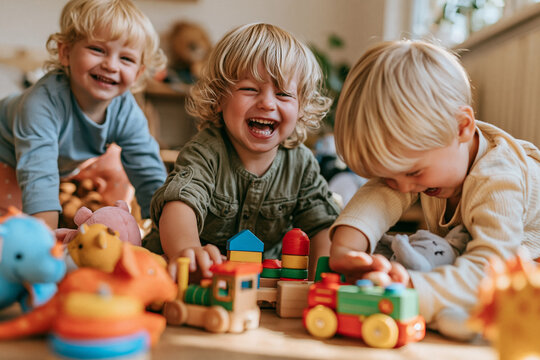Three joyful young blonde children are deeply engaged in playful fun laughing while sitting together on a floor covered with colorful wooden toy trains blocks and stuffed animals
