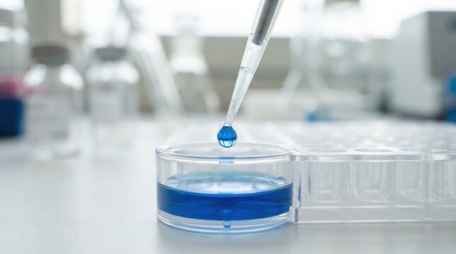 Micropipette dispensing a blue liquid reagent droplet into a clear laboratory plate for biochemical assay testing, concept of pharmaceutical research, precision medicine and laboratory technology