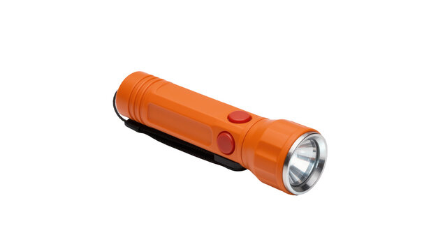 Bright orange handheld LED flashlight with black clip and red power buttons